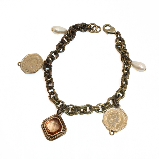 Vintage Reworked Antique Gold Coin & Pearl Charm Bracelet
