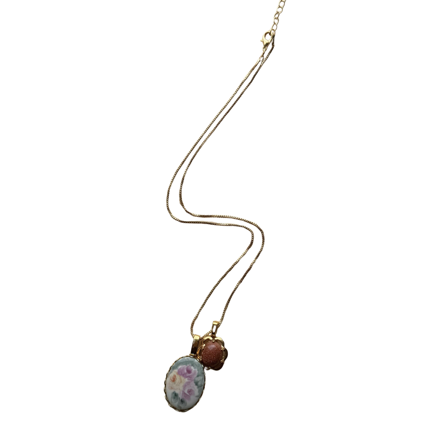 Vintage Gold-Tone Pastel Floral and Brown Gemstone Charm Necklace