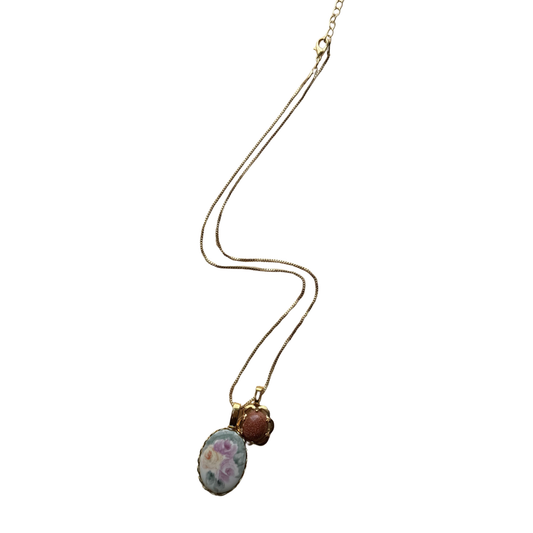 Vintage Gold-Tone Pastel Floral and Brown Gemstone Charm Necklace