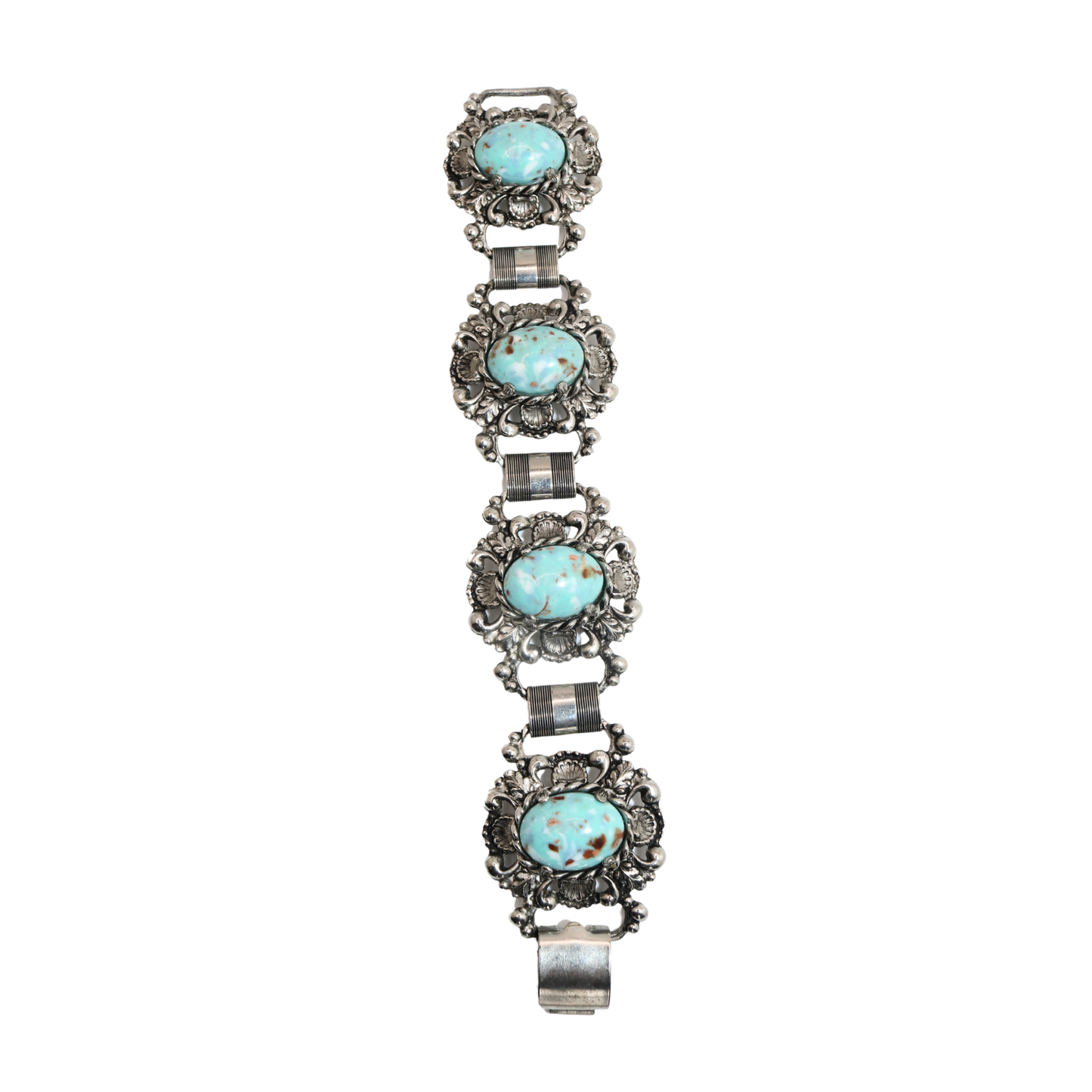 Vintage Silver Tone Turquoise Cabochon Floral Panel Bracelet