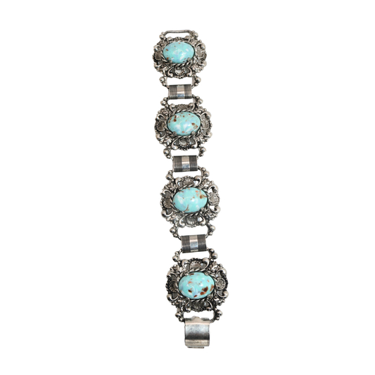 Vintage Silver Tone Turquoise Cabochon Floral Panel Bracelet