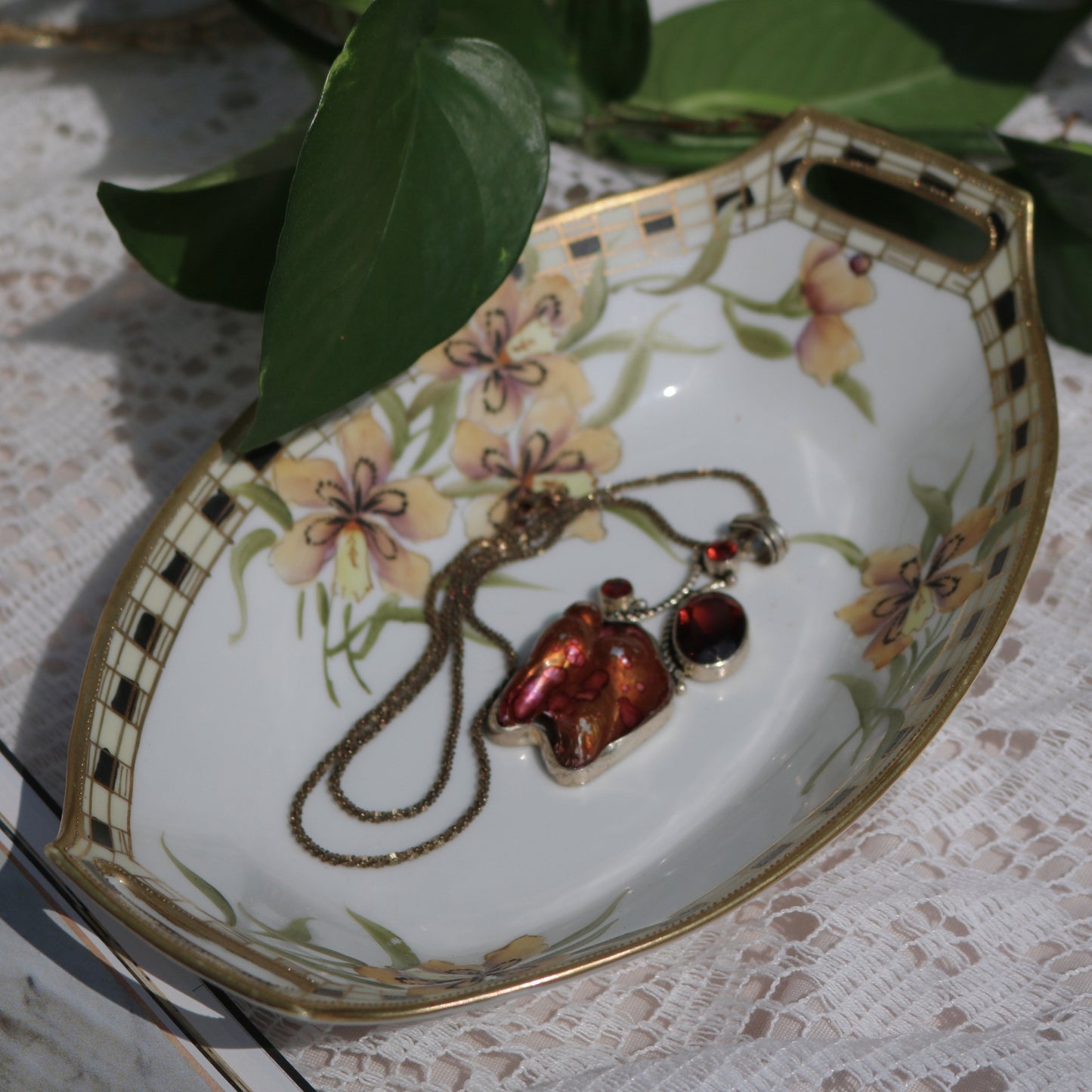 Sterling Silver Statement Pendant Necklace with Garnet & Natural Jasper/Agate (925)