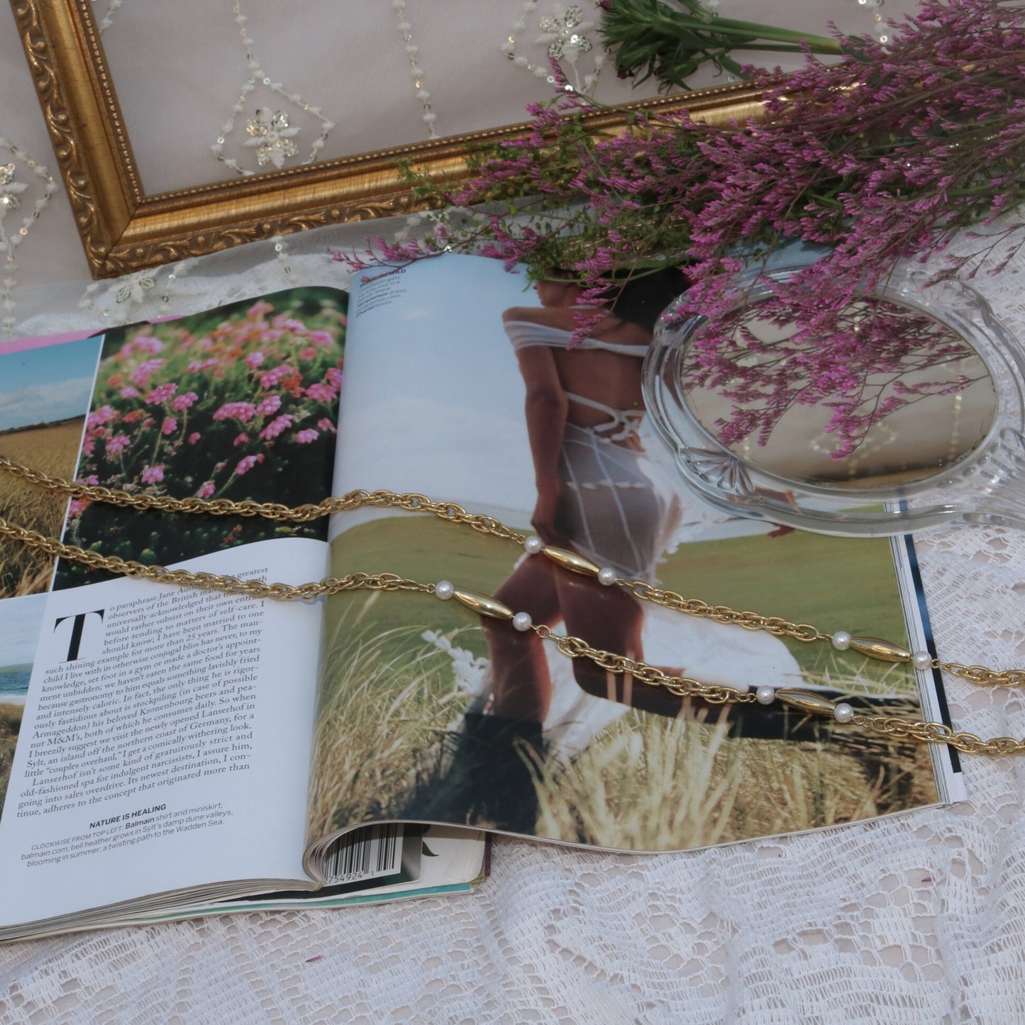 Gold-Tone Pearl Bar Link Chain Necklace